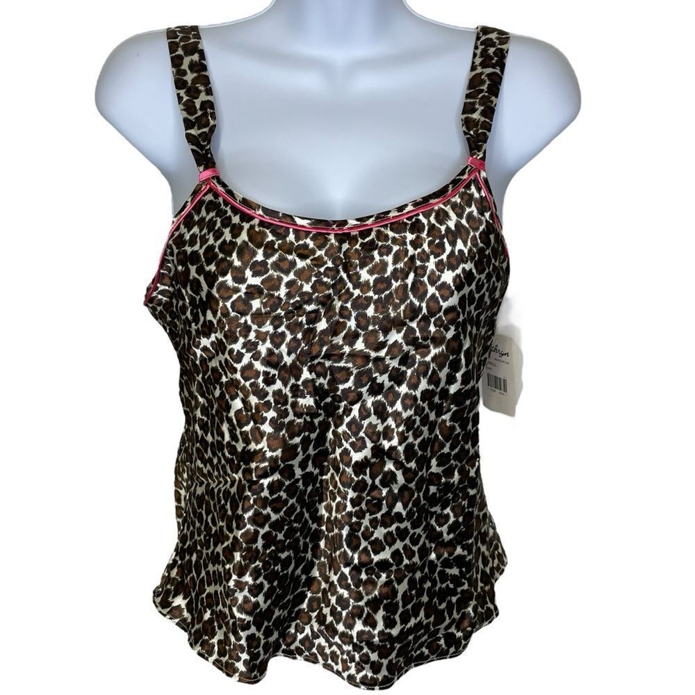 NWT Vintage Y2K Kathryn Leopard Camisole Top Tan Black Ivory Wet Pink Trim Small